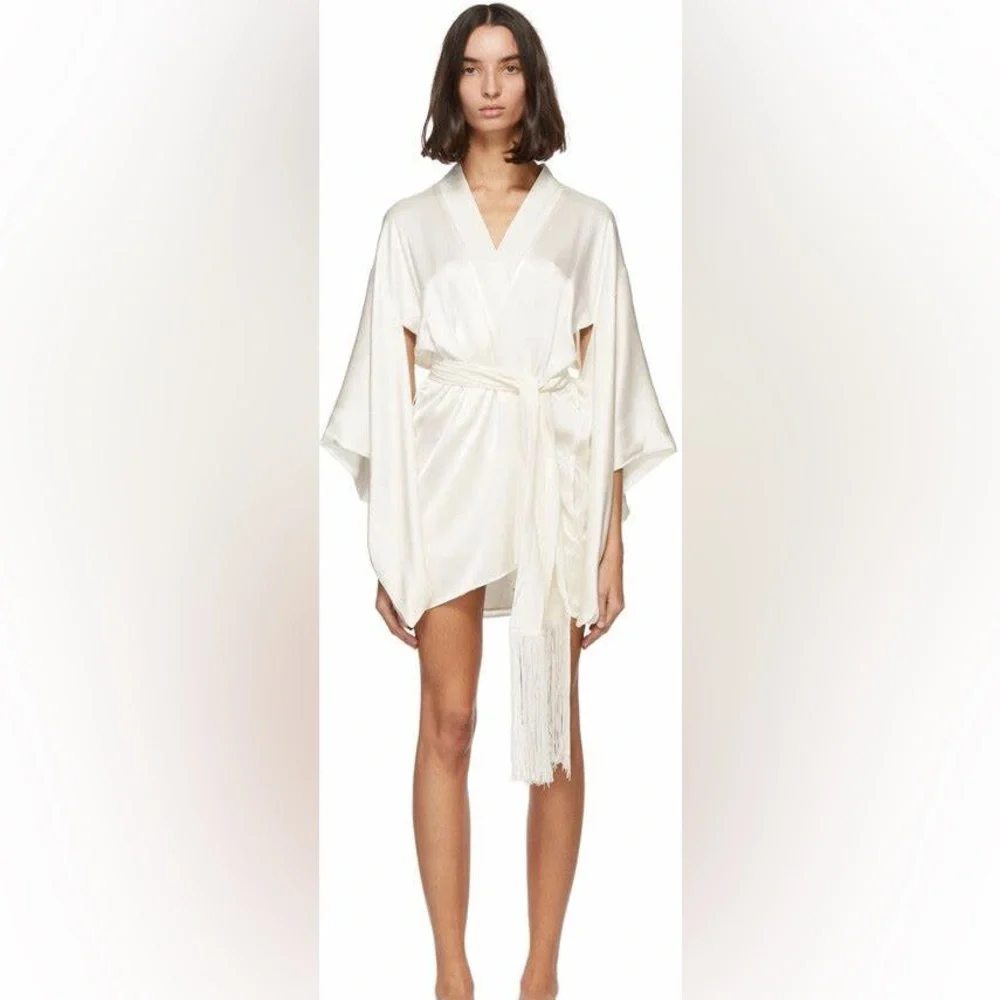 NWT! KIKI DE MONTPARNASSE Fringe Kimono Robe -Trim Silk Mini Kimono White Size M